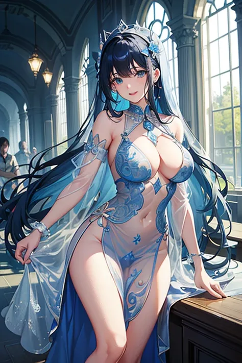 (highest quality, 8K, 32K, masterpiece, UHD: 1.3), 1 female, (Oversized: 1.3), perfect figure, super detailed face, detailed lips, fine eyes, (attractive), ((excited: 1.5)), (Sheer skin)) 、((((Transparent see-through dress))))、see-through dresses、lace shee...