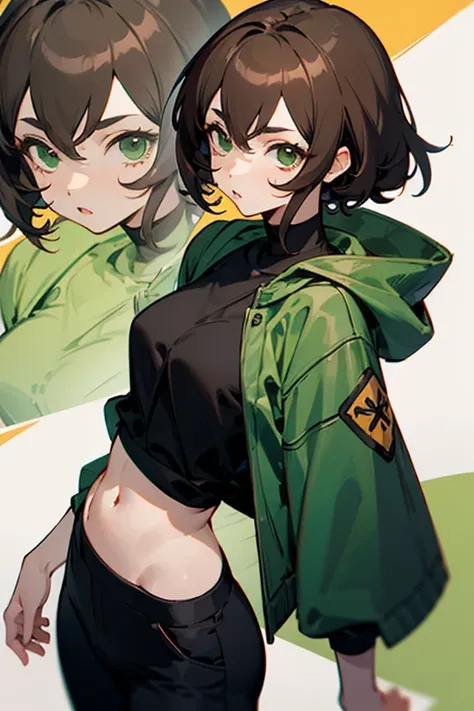 create an image a girl with brown hair dark green eyes black macara black and green hood sexy black pants anime 
