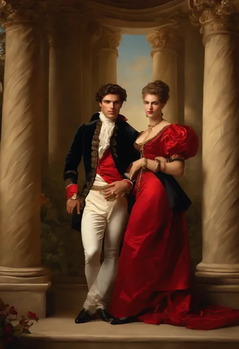 ​((Baroque style painting of two men)) earrings and bracelets, beautiful and sensual young men, lascivious and mischievous face, dressed in red, black and gold clothes in the style of the Victorian Era, clear eyes, sexy and shapely mouth, hair long, silky,...