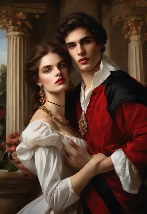 ​((Baroque style painting of two men)) earrings and bracelets, beautiful and sensual young men, lascivious and mischievous face, dressed in red, black and gold clothes in the style of the Victorian Era, clear eyes, sexy and shapely mouth, hair long, silky,...