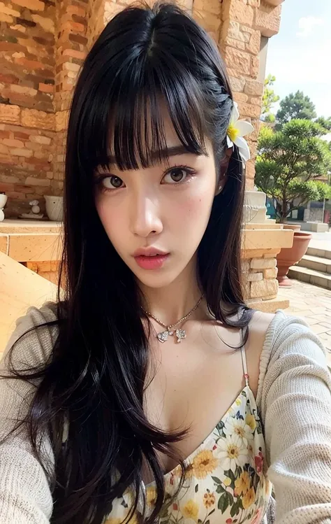 un primer plano de una mujer con el pelo largo y un vestido de flores, Lalisa Manobal, ulzzang, Young cute pale asian face, muchacha coreana, hermosa mujer surcoreana, con flequillo, Lalisa Manoban de Blackpink, peinado de corte hime blanco, anime chica ta...