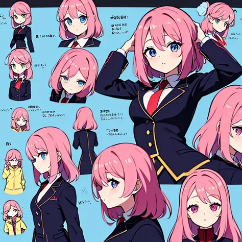 Personagem feminino,cabelo longo,cheio e ondulado de cor castanho escuro, seus olhos castanhos escuro, cor da pele parda, in anime version, de cores das veste, preto e rosa,  uma personagem feminina estilo anime com uniforme colegial em Model sheet.