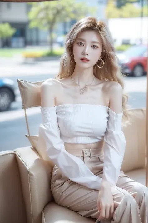 35mm photo, Zheng Ziyan, Off-the-shoulder_blouse, Wide-leg_cropped_pants, Woven_handbag, blonde hair, jewelry, earrings, necklace, bare shoulders, highres, super detail, Super high saturation, bright and vivid colors, (best quality, masterpiece, Representa...