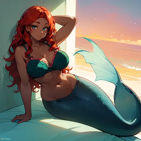 (((Alone))),(((Mermaid Woman))),(((Dark skin))), Heterocromia,(((Green right eye))),(((Blue left eye))),(((Hair wavy redhead))),(curvy body), 8k, high quality,(((Wearing a shell bra)))