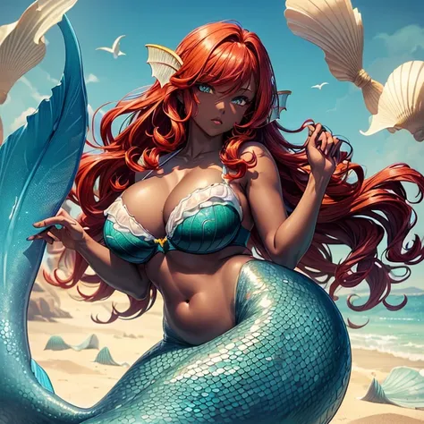 (((Alone))),(((Mermaid Woman))),(((Dark skin))), Heterocromia,(((Green right eye))),(((Blue left eye))),(((Hair wavy redhead))),(curvy body), 8k, high quality,(((Wearing a shell bra)))