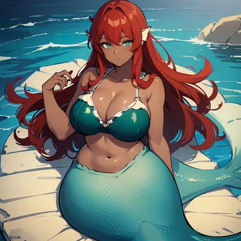 (((Alone))),(((Mermaid Woman))),(((Dark skin))), Heterocromia,(Green right eye),(Blue left eye),(((Hair wavy redhead))),(curvy body), 8k, high quality,(((Wearing a shell bra)))