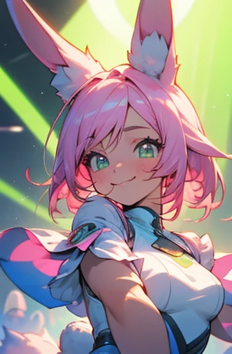 (upper body), (Best quality at best, A high resolution), (like a dream, a vibrant one), (detailed, Be expressive, aesthetic)1 girl, smile :p, active posing, beauty, light pink hair, rabbit ears costume, light green eyes, clear eyes, stage lights