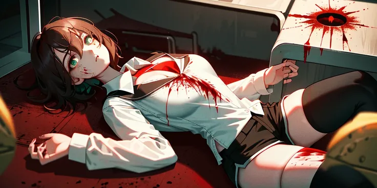 (Lie on the ground:1.2), riser, 1 girl, alone, shorts, ((white shirt)), black Thighhighs, huge breasts, cleavage, uniform, office background, 赤いshorts, short shorts, office, (Killed)), ((From above)), (cinematic lighting), dutch angle, ((Sea of Blood)), ((...