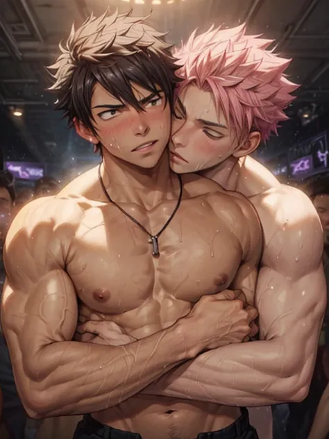 ((2boys, 2 men, duo)) ,gay couple,Natsu Dragneel and Gray Fullbuster kissing, ((upper body)), passionate blushing,  nightclub background, muscular body with washboard abs and pecs with pink nipples, sweating bodies and rugged rms and legs, holding waist em...