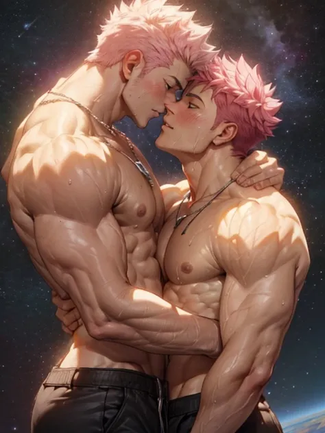 ((2boys, 2 men, duo)) ,gay couple,Natsu Dragneel and Gray Fullbuster kissing, ((upper body)), passionate blushing,  space background, muscular body with washboard abs and pecs with pink nipples, sweating bodies and rugged rms and legs, holding waist embrac...