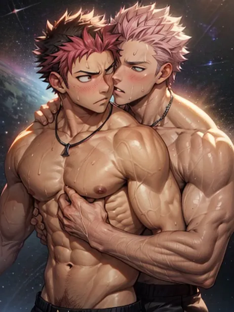 ((2boys, 2 men, duo)) ,gay couple,Natsu Dragneel and Gray Fullbuster kissing, ((upper body)), passionate blushing,  space background, muscular body with washboard abs and pecs with pink nipples, sweating bodies and rugged rms and legs, holding waist embrac...