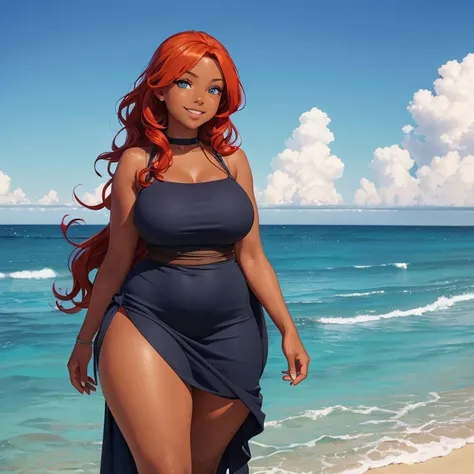 (((Alone))),(((Woman))),(((Dark skin))), (Blue eye),(((Hair wavy redhead))),(curvy body),(((wearing rags))),(((walking by the ocean water))),((sweet smile))