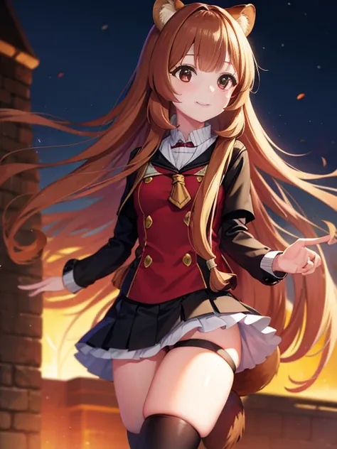 Raphtalia, Raphtalia, animal ears, brown hair, long hair, raccoon ears, a racoon girl, racoon tail, (red eyes:1.5), tail,Black sailor suit,Black pleated skirt,White cardigan,White pantyhose,brown loafers,Schoolback,In town,walking,morning,bright,smile,high...