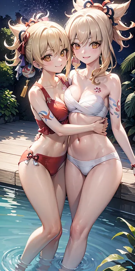  2 girls of the same height smiling in the water in the bathtub，No teeth exposed. Female twins， bright colors，natural lighting, best quality, Chest to chest, hug each other with your arms&#39;waist, sunny masterpiece, Navel exposed, blush, Navel exposed, s...