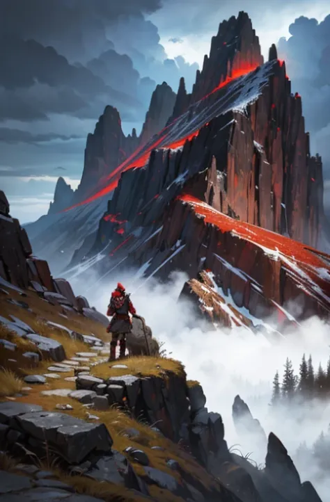 red color scheme, mountain pass, rocky terrain, high elevation, foreboding, moody, lightning, fantasy, epic journey, acrylic paint, lone adventurer, mixed media:1.2, ultra-detailed, HDR, studio lighting, vivid colors, sharp focus, physically-based renderin...