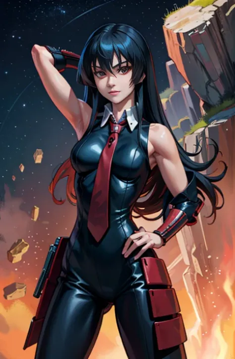 (masterpiece, best quality:1.2), cowboy shot, solo, 1girl, akame (akame ga kill!), expressionless, closed mouth, look at the viewer, black bodysuit, leggings, red tie, sleeveless, ass, wide hips, erotica