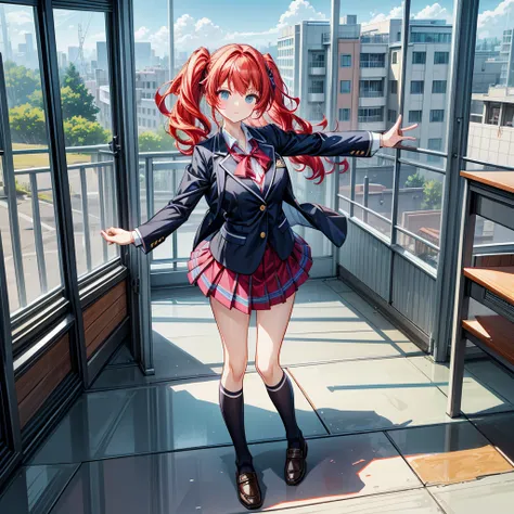 Masterpiece, High-Quality, High-Resolution, Anime Style, Bright Main Colors, Normal Camera Angle, Full-body Subject, Frontal Orientation, a high school girl in a blazer, Bright Lighting, Friends, Japanese, Playful Pose, Energetic Facial Features, Joyful Ex...