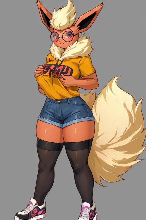 ((Flareon)), anthropomorphic, big boobs, big ass, pokemorph, (((1girl))), (((black and pink t-shirt))), (denim short shorts), sexy, slender, red skin, (round glasses), long legs, smiling, hands on boobs, (black stockings), (sneakers), (yellow hoodie)