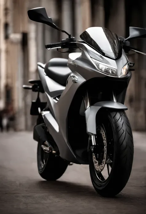 a close up of a motorcycle parked on a white surface, steel gray body, grey metal body, front back view and side view, with sleek lines and a powerful, side view profile centered, forward facing angle, the console is tall and imposing, sideview, futuristic...