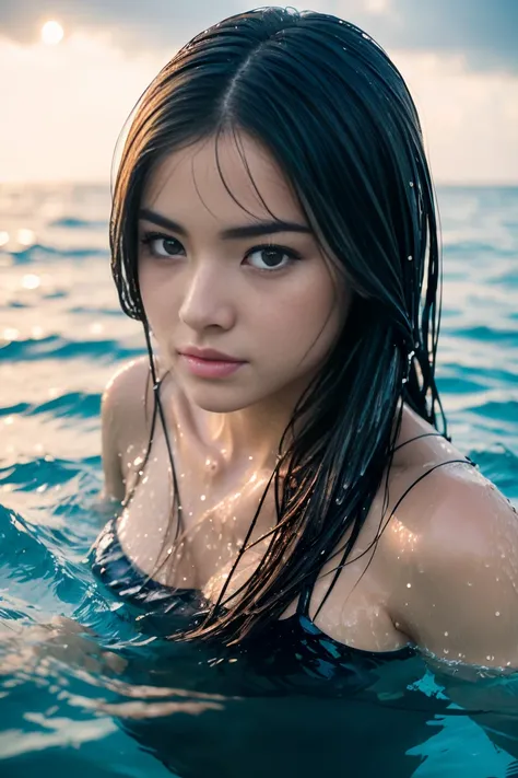 analog style, RAW photo, photography, hyper photorealistic, sharp focus, amateur photo of woman swim in middle of the sea, (half body inside water:1.3), wet, day time, clear cloudy sky, an island far in background, soft natural raw lighting, highly detaile...