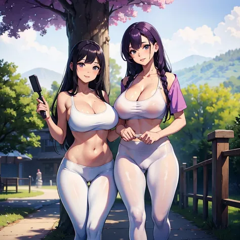 2 beautiful women, gigantic boobs, tiny waist, thick thighs, purple hair that glows bright, walking up to a park bench, trees in the background, beautiful face, flirty smile (high definition resolution) wearing a white t shirt(wet), wearing tight white leg...