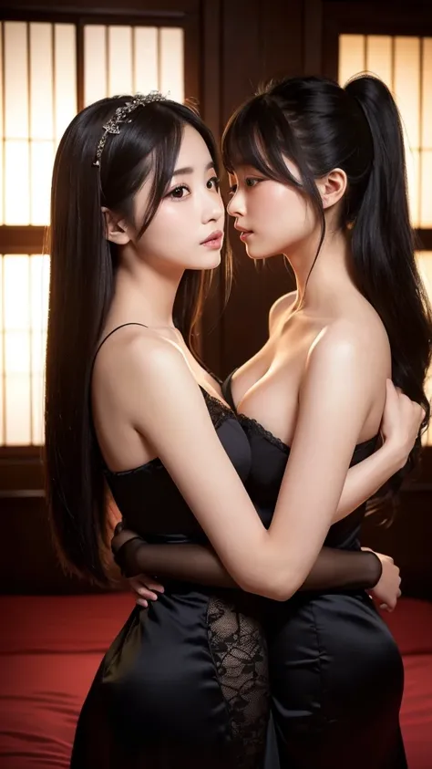 (8K, top-quality, masterpiece: 1.2), (reallistic, Photorealistic: 1.2),
Two enchanting Japanese girls, deeply in love,
Embrace passionately, their lips meeting in a tender kiss,
Dressed in seductive attire that accentuates their curves,
Their inviting eyes...