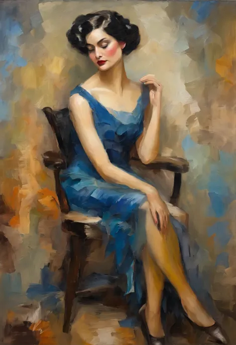 Oil paint canvas in Ambrose Mcevoy style of a single beautiful woman from the 1920s, she is posing in a chair, wearing a beautiful dress, black hair, blue eyes, and surreal, great, and fine oil paint brushwork, this is a masterpiece