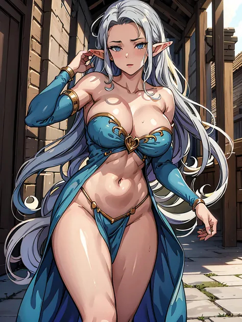 A Naked and beautiful tall elf woman, with green pupils, contempt in her eyes, a cold expression, a haughty posture, chest up, golden light armor all over her body, exposed chest, exposed shoulders, exposed navel, exposed thighs, looking up camera, strolli...