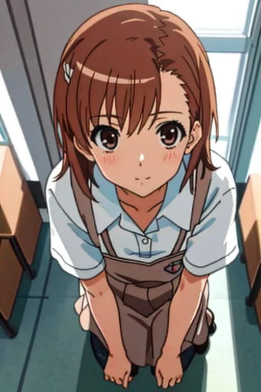 masterpiece, best quality, misaka_mikoto, brown eyes, short_hair, small_breast, looking at viewer, solo, closed_mouth, collared_shirt, school_uniform, shirt, white_shirt, classroom ,wearing maid dress, Crawling on all fours 