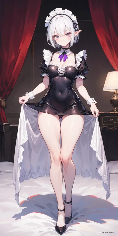 White hair , short hair, pinched eyes, (big-:1.5), Thin legs, thin body, leather collar, Maid outfit victorian, dynamic pose, full body, view from below, wide hips, kneel on the sheet in bed. purple skin, drow elf