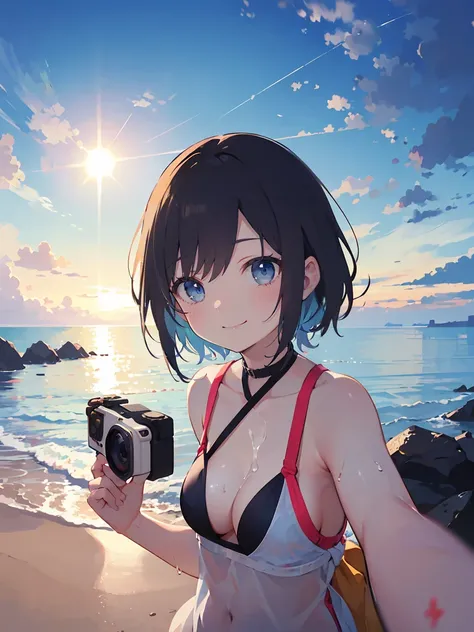 Self snap, Photo cute Japan girl with GoPro camera, Sexy swimsuit and on the beach, Wet, smile, sharp face, soft lighting, fisheye lens, solar flare, 