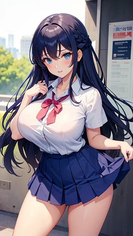 anime (Masou Gakuen HxH), teen lady , sexy (very big boobs), actress (Hayuru Himekawa) , blue eyes , black long hair to hip / past hip length , double braid hair ,school uniform , She is at a beauty salon in the city