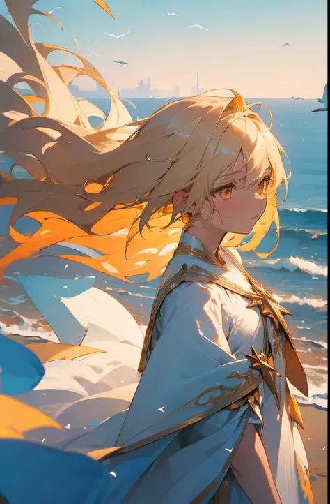 (Best quality at best, A high resolution), (like a dream, a vibrant one), (detailed, Be expressive, aesthetic)1 girl,  Sad expression, blonde long hair, white clothes, light orange eyes, from above, wind is blowing, fantastic, Flock of birds in the backgro...