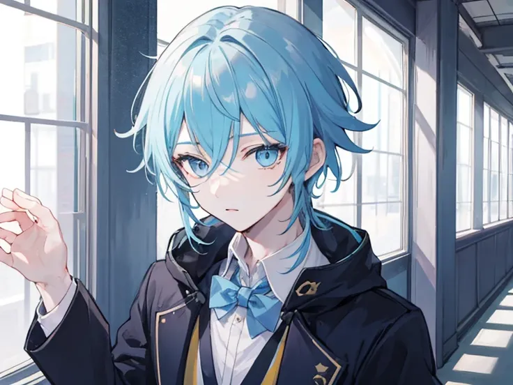 1 boy, school uniform,jacket, Cute, Genshin&#39;s influence, anime,light blue hair, White skin, grayglaza, dark school corridor