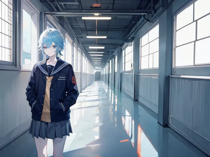 1 boy, school uniform,jacket, Cute, Genshin&#39;s influence, anime,light blue hair, White skin, grayglaza, dark school corridor