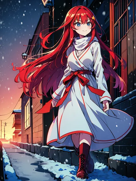 masterpiece, highest quality, 1 girl, Satsuki Nakano,The Bride of Fifths　Satsuki Nakano,red hair,long hair,blue eyes,star hair ornament, red long coat,white v-neck sweater,gray muffler,Gray long skirt,brown short boots,smile,In town,walking,winter,It&#39;s...