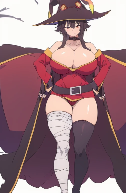 ((Best quality, 8k, Masterpiece :1.3)), (full body:1.5), megumin, kono subarashii sekai ni shukufuku wo!, 1girl, solo, (tall girl, 25 years old, milf), (Very slim and slender muscular body:1.3), (long leges:1.5), hat, witch hat, brown hair, short hair with...