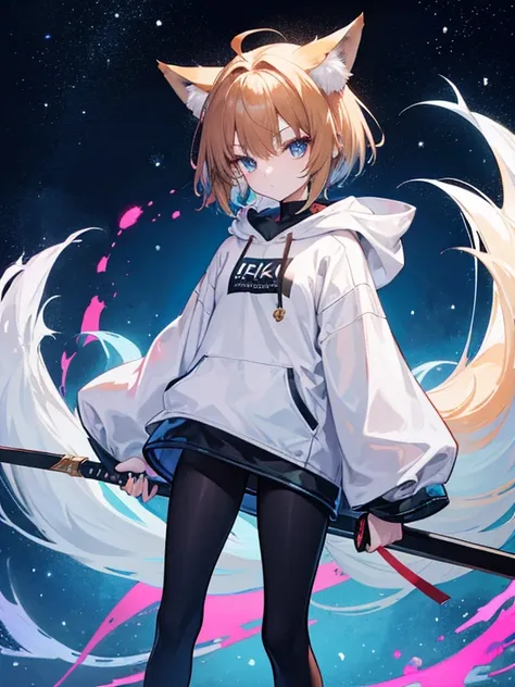 masterpiece,highest quality,One fox-colored fox girl,wearing a large oversized hoodie,wearing large black long tights,tail,light blue eyes,short hair,Moe sleeves,standing position,１He is holding two long swords with both hands pointing towards the viewer.,...