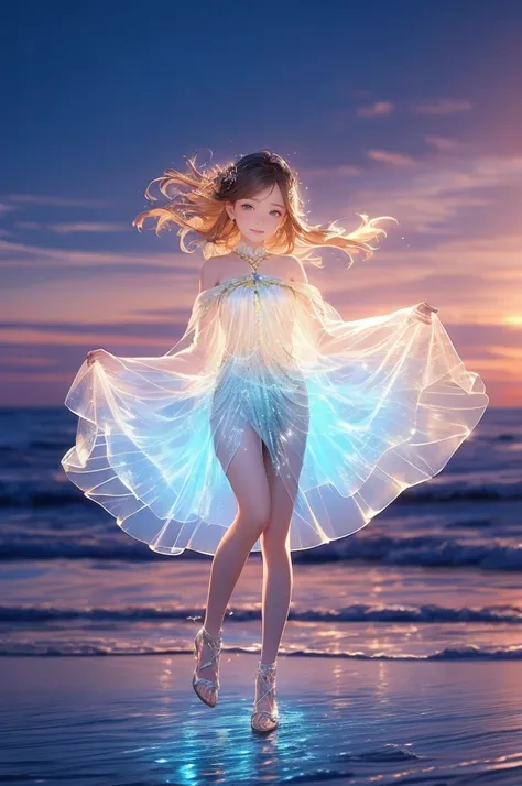 master piece， expensive、expensive品質， movie stills， One woman，golden hair，night，night空， floating in the sky， cloudの少女， cloud， （Close-up： 1.1），  colorful， transparent body，Sparkling，full body esbian，green skirt，blue skirt，transparent clothes