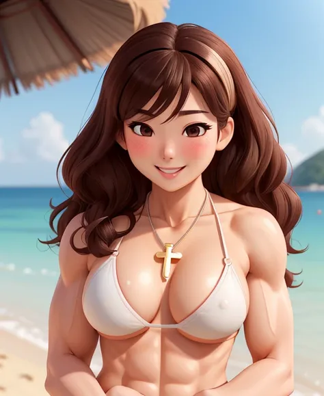 attractive korean woman, ripped muscle, muscular body, small breast, pale skin, smile(blush), seashell bikini, cross necklace, sixpack abs, [ultra detailed skin:1.2], brown hair, wavy hair, 8k uhd, pussy, full body, crowd, public, temple, standing,