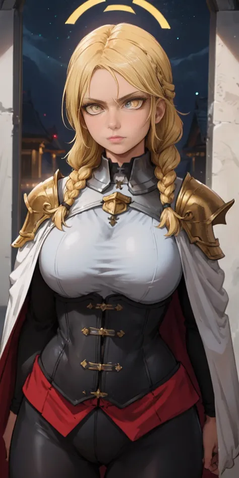 upper body of paladin lady in ornate golden armor, black collar, pauldrons, breastplate, corset, glowing halo, single braid, blonde, yellow glowing eyes, bright pupils, eye focus, red cape, temple indoors, stained glass windows, night, moonlight, particles...