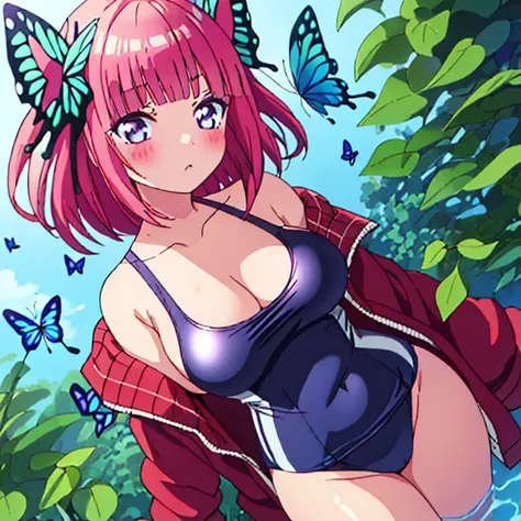 best quality, very aesthetic, Super detailed, best illustration, 1girl, おっぱい, bangs, pink_hair, blunt_bangs, hair_ornament, butterfly_hair_ornament, one-piece swimsuit