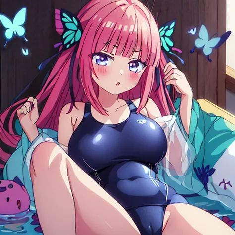 best quality, very aesthetic, Super detailed, best illustration, 1girl, おっぱい, bangs, pink_hair, blunt_bangs, hair_ornament, butterfly_hair_ornament, one-piece swimsuit