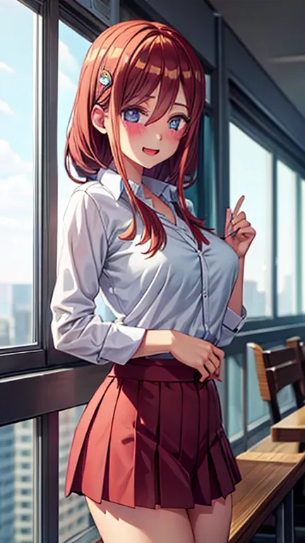 最高画質,1girl, solo, looking at viewer, blush, smile, open mouth, shirt, thighs, school uniform,shorts, hairclip, indoors, clothes ...