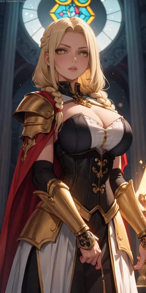 upper body of paladin lady in ornate golden armor, black collar, pauldrons, breastplate, corset, glowing halo, single braid, blonde, yellow glowing eyes, bright pupils, eye focus, red cape, temple indoors, stained glass windows, night, moonlight, particles...