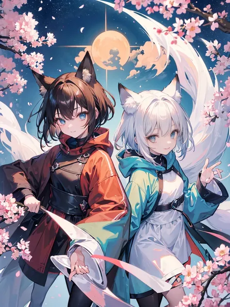 masterpiece,highest quality,One fox-colored fox girl,wearing a large oversized hoodie,Wearing long black tights,light blue eyes,short hair,Moe sleeves,standing position,１holding two long swords with both hands,Image color is matcha brown,smiling expression...