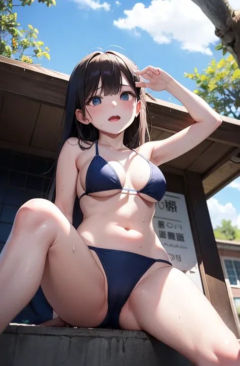 cinematic lighting、highest quality、School Outdoor Grounds、Blue Sports Bikini、full of sweat、sweating、embarrassing、しゃがんでopen your legs、eyes from below、open your legs、