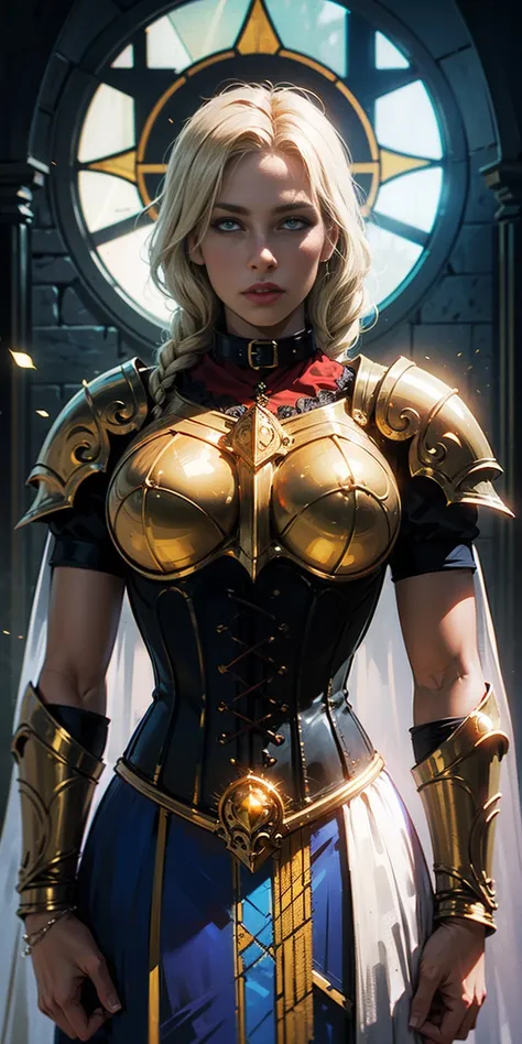 upper body of paladin lady in ornate golden armor, black collar, pauldrons, breastplate, corset, glowing halo, single braid, blo...