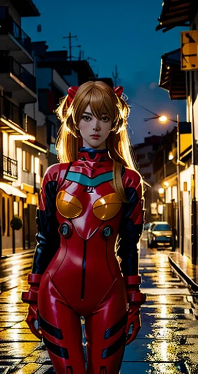 naked Mejor calidad, obra maestra, Realista, photoRealista, 1 chica, Solo, mirando al espectador, cuerpo completo, de pie, pelo largo, Disfraz de cosplay de Asuka, cosplay, traje de enchufe, mono, adorno para el pelo, antecedentes detallados, en la calle, ...