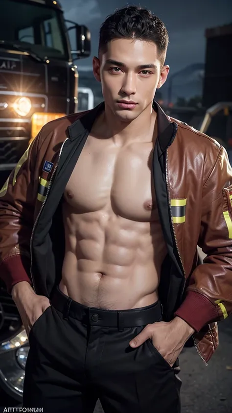 Russia man, ((30s young firefighter man)), (Lovely erotic black men of beautiful body, perfect handsome and beautiful face:1.3),((shirtless and wear firemans jacket :1.2)), wear a firefighters uniform, skinny muscles, abs, top 100 handsome man in the world...